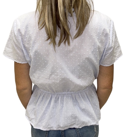 LOFT | Swiss Dot Blouse Embroidered Crochet Peplum Faux Wrap Light Blue … - Picture 3 of 9